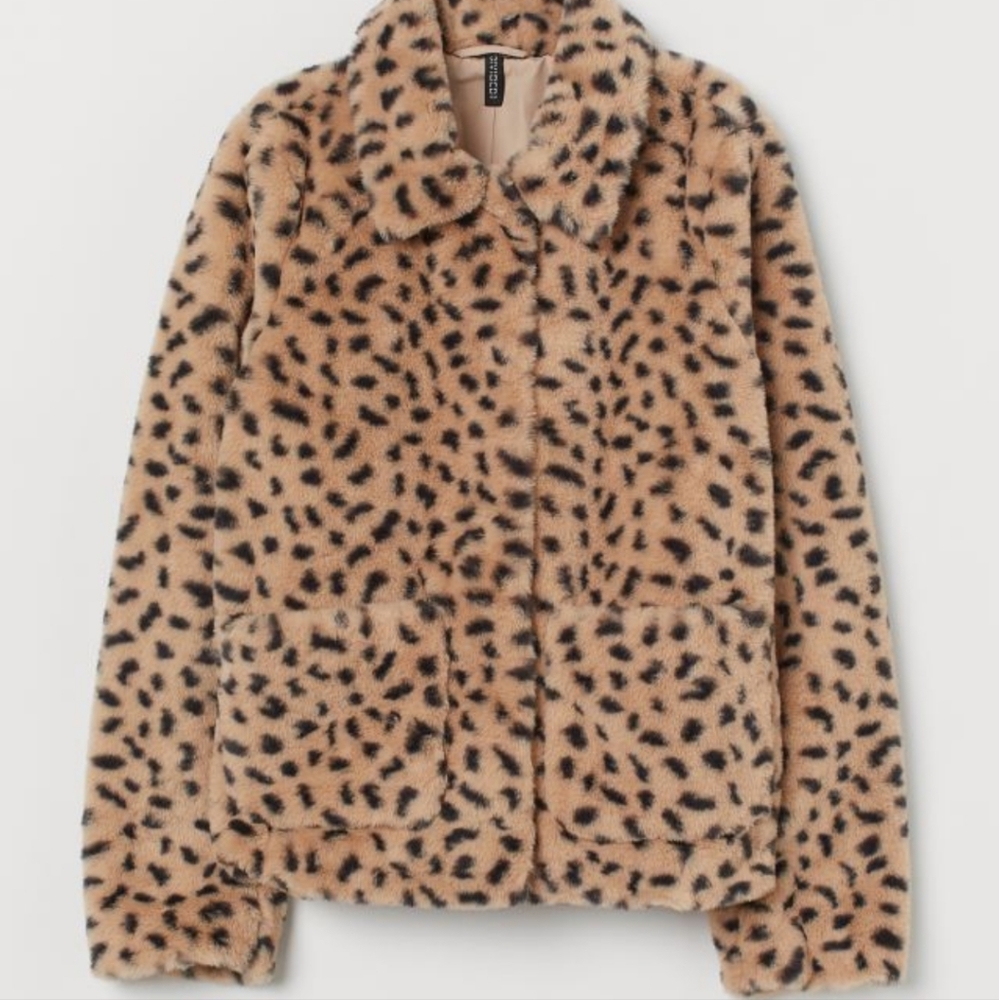 H&M Faux Fur Coat Cheetah Print Light Beige sz M